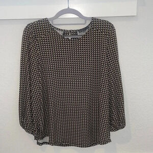 Adrianna Papell Long Sleeved Black & Brown Print Blouse Top Size M